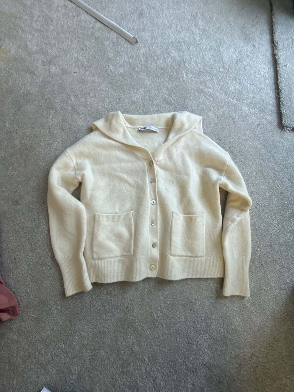 Zara Cream Knit Cardigan with Collar and Pockets